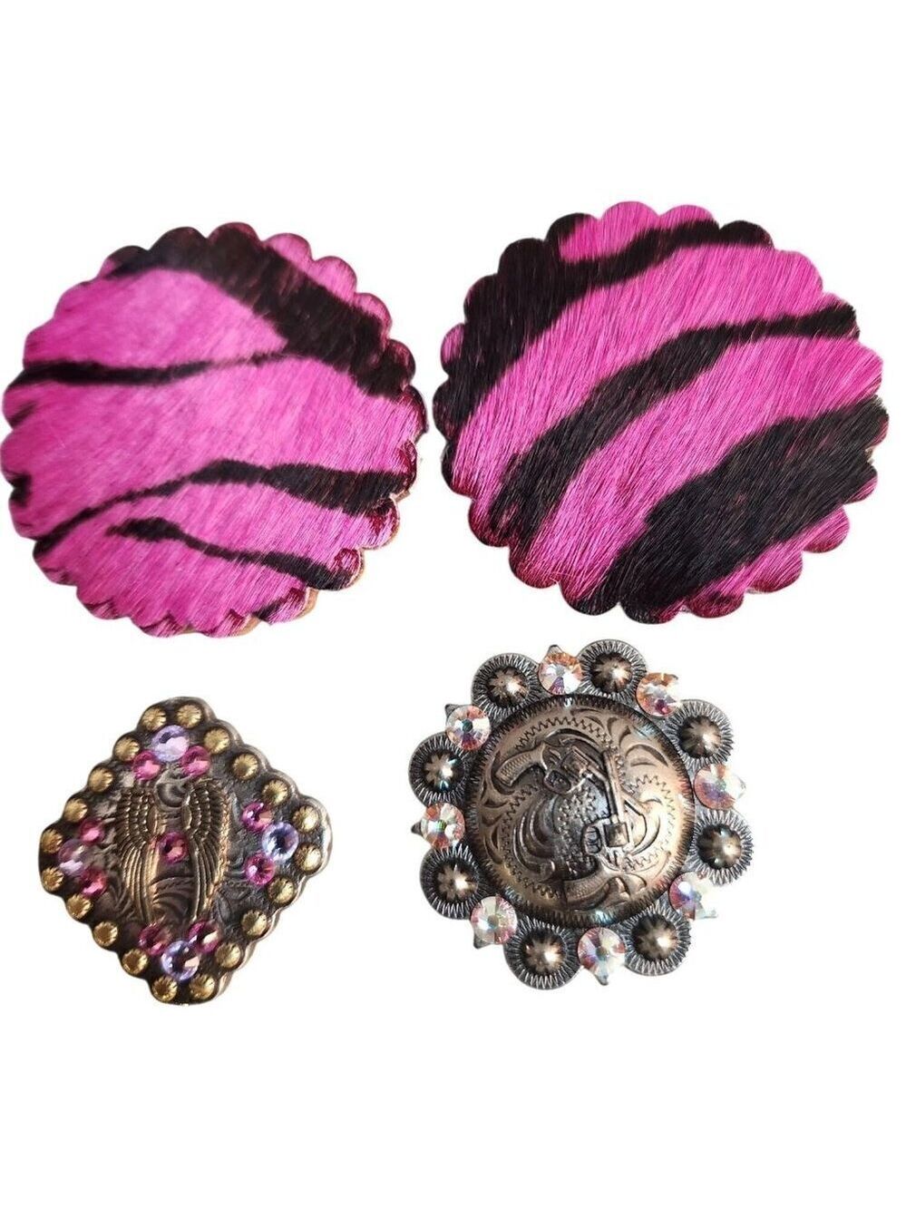 Set Of 4 Decorative Conchos Western Decor Pink Zebra & Silver Tones Rhinestone A